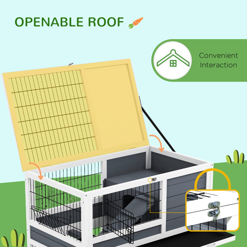 2 cages à lapins avec roulettes et caractéristiques - auge intérieure en bois gris pour cochon d'Inde, plateaux amovibles, plateau ouvert avec rampes pour 1 ou 2 lapins remplaçables de 35,5 po, avec partie supérieure
