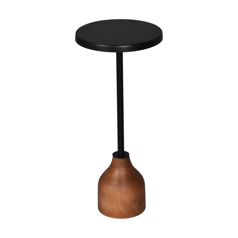 22" Black and Brown Distressed Iron and Solid Wood Round Pedestal End Table
