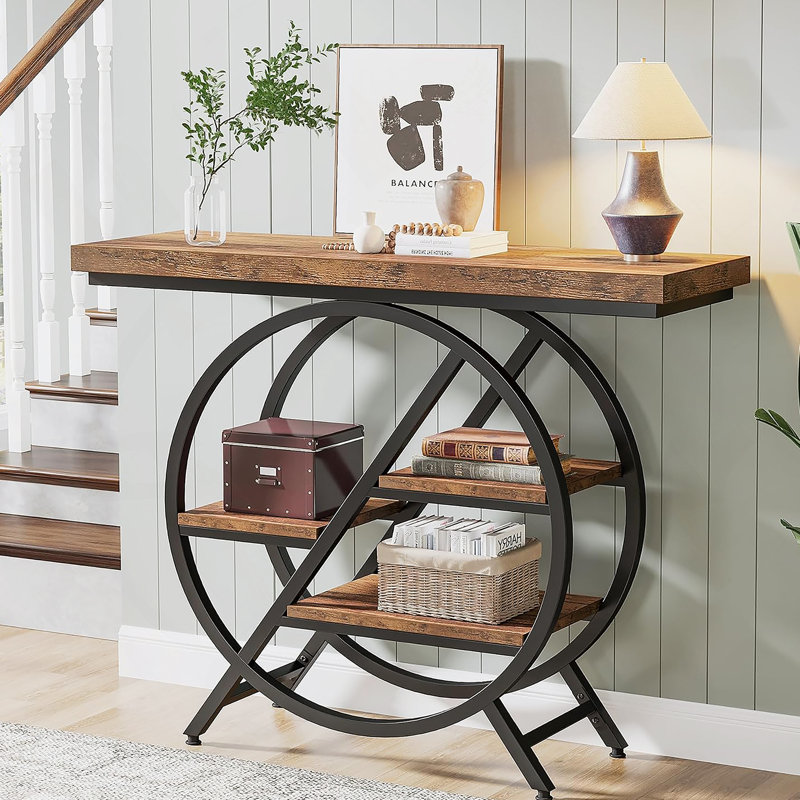 Console de 39,4 pouces à 4 niveaux avec cadre en métal et tablettes de rangement, décor brun rustique pour le salon et le couloir