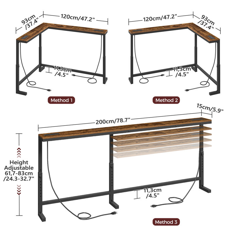 Narrow Console Table with Adjustable Height (24.3"-32.7") &2 Power Outlets Hallway Table L-Shaped Behind Couch Table