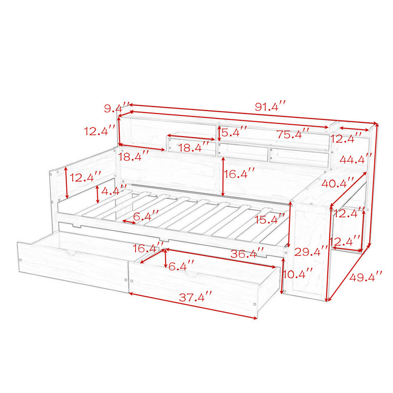 Wooden Daybed with Shelves, Two Drawers and Desk, Twin