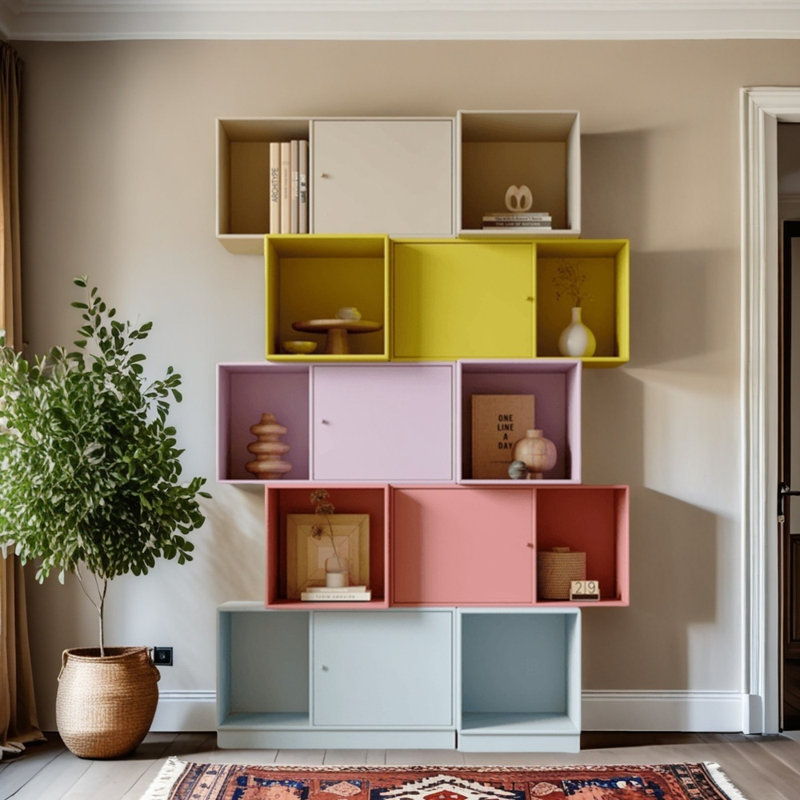 Bibliothèque italienne de style minimaliste, Beige multicolore