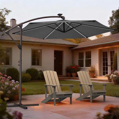 10 Ft Solar LED Cantilever Offset Patio Umbrella with Foldable Handle & Cross Base, All-Weather Outdoor Umbrella for Deck Backyard Garden Pool