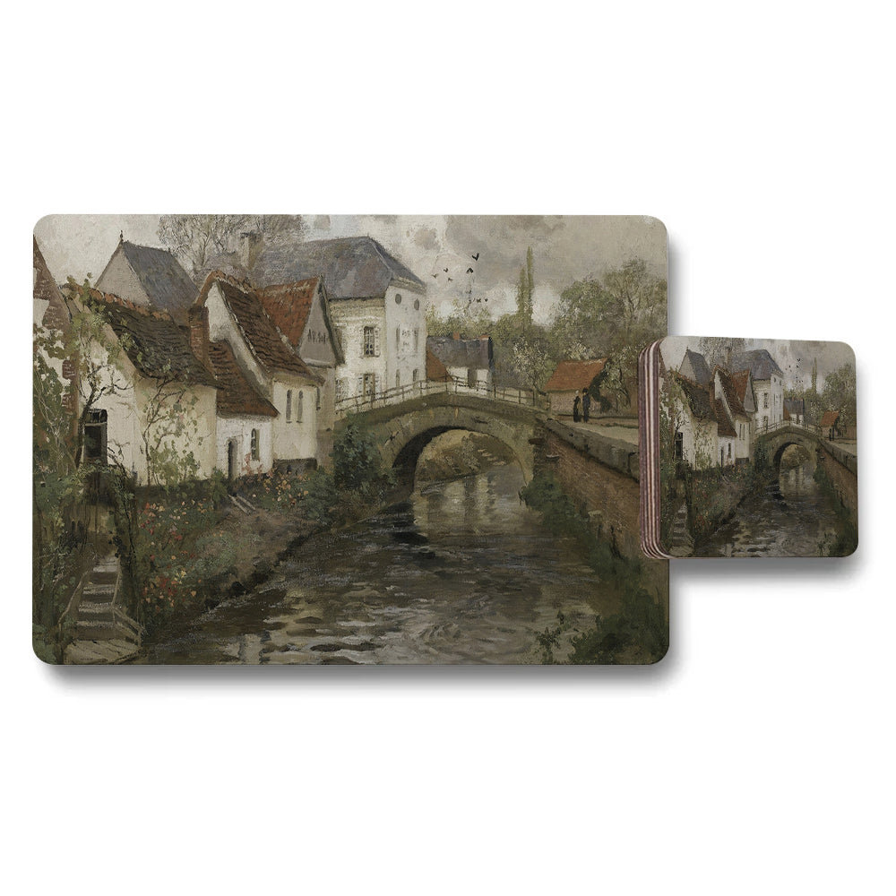 Scenic Village Bridge Canal Placemat and Coaster Set