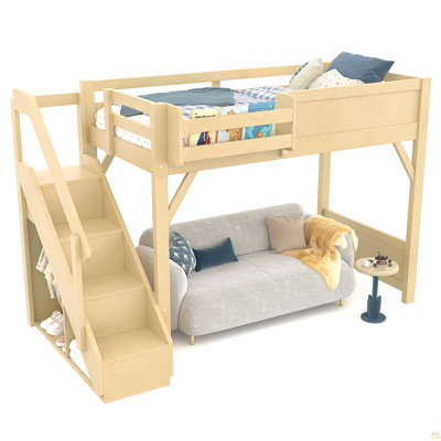 Twin Size Loft Bed With Built-In Wardrobe And Storage Space, Solid Wood Loft Bed With Beside Shelves, Full-Length Guardrails And Stairs, No Box Spring Needed, Natural