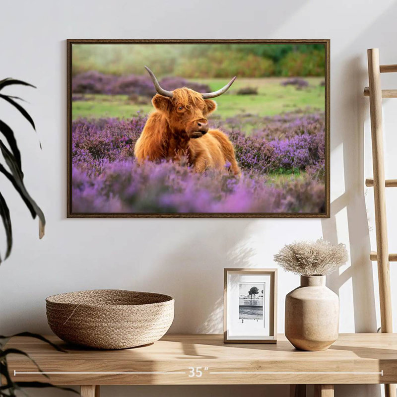 Highland Cow Paradise, 25 po x 17 po, Cadre flottant en noyer