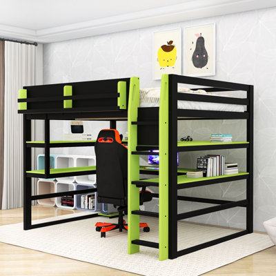 Lit mezzanine en bois avec tablettes et ports USB intégrés et lumières DEL RVB