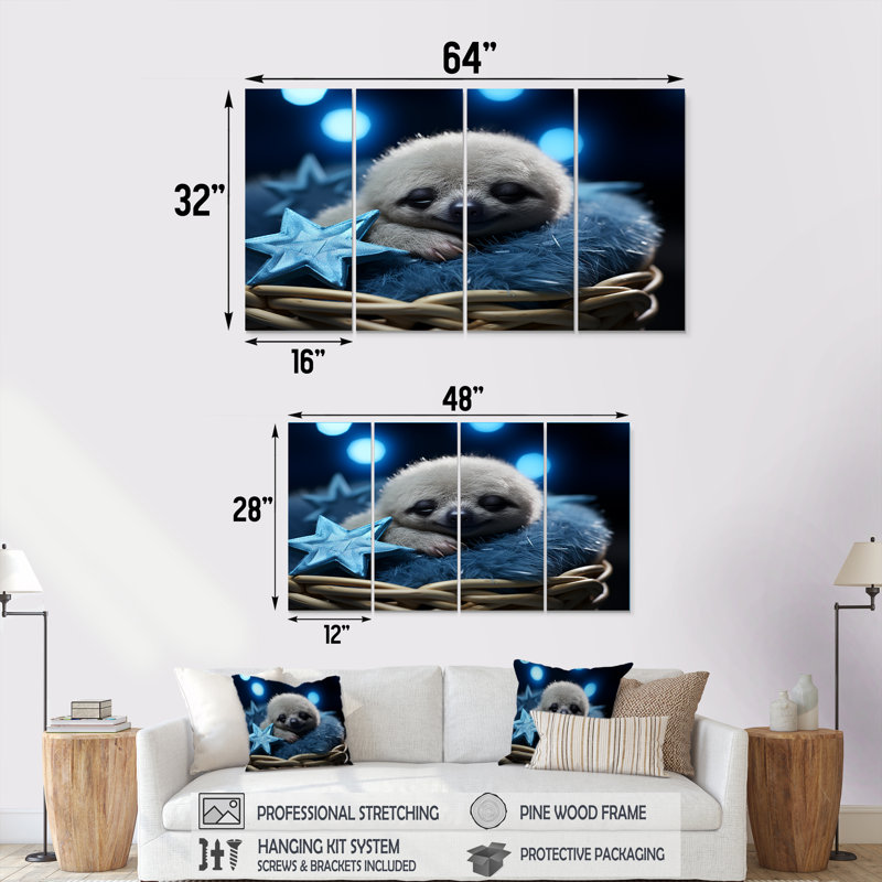 «White and Blue Sloth Serenity Sleep - Sloth», art mural 4 pièces, H 28 po x l 48 po