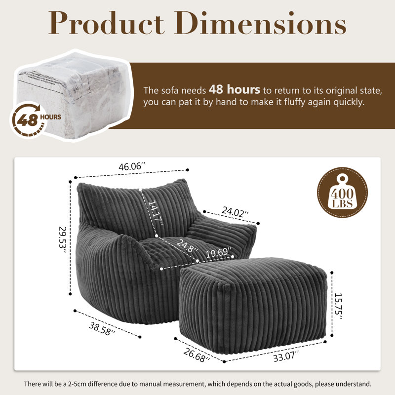 Compression Bean Bag Chair with Ottoman , Comfy Memory Foam Large Lazy Sofa, Gray Corduroy