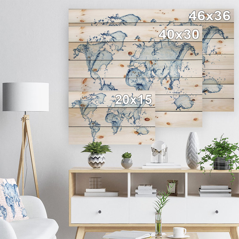 « world map water splash », impression, H 15 po x l 20 po x P 1 po, Bois