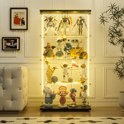 65.59" High Tempered Glass Display Cabinet 2-Door 4-Shelf Storage Cabinet With Bluetooth Led Strip And Swivel Casters by Wrought Studio
