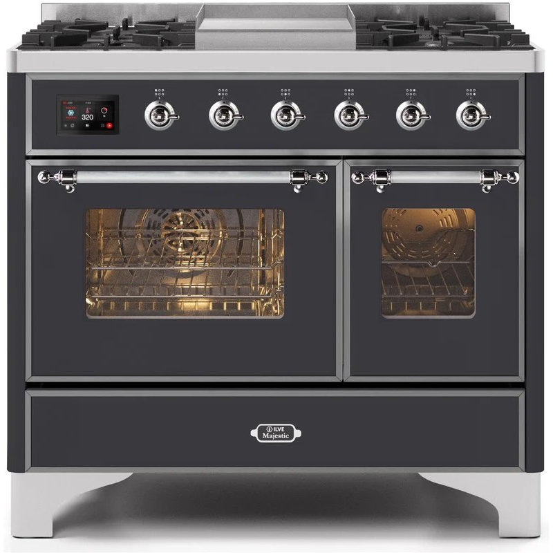 ILVE Majestic II Series 40 inch Dual Fuel Range with 6 Sealed Burners, Griddle (Glass Door), Matte Graphite/Chrome