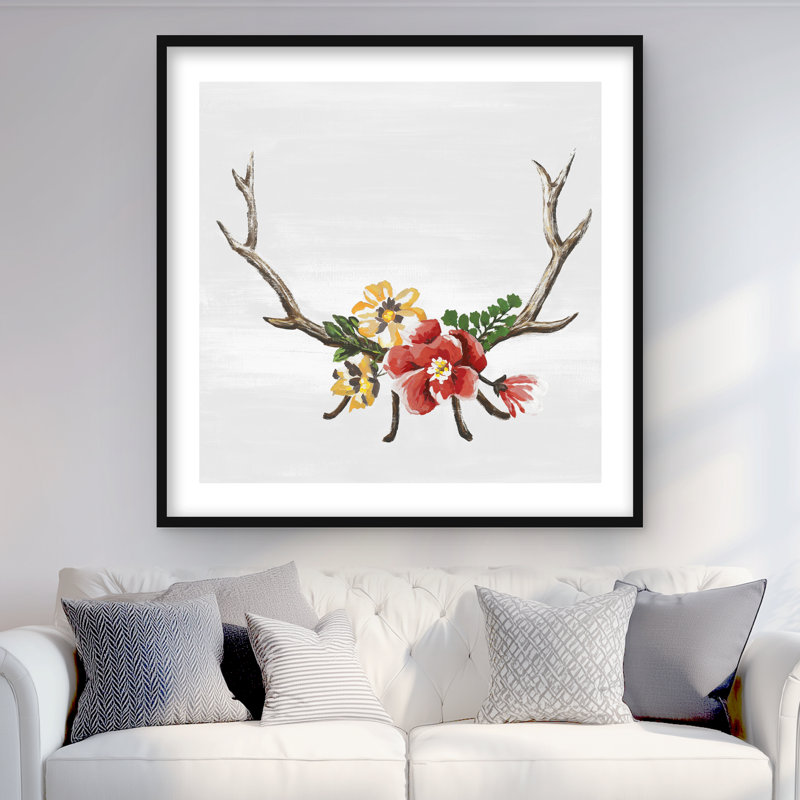 Cornes de cerf avec fleurs - reproduction encadrée mate pour la décoration intérieure, H 36 po x l 36 po, Brun