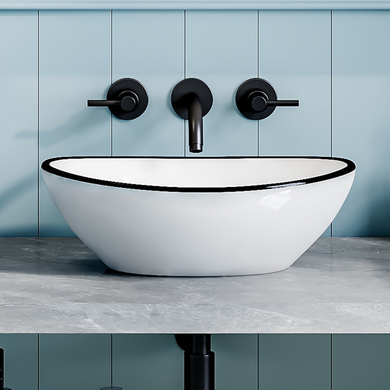 Eclisse 16" L x 13" W Vitreous China Oval Vessel Bathroom Sink, White/Black Trim