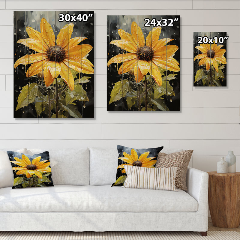 Fleur jaune, beauté contrastée sur bois, H 20 po x l 10 po x P 0,78 po