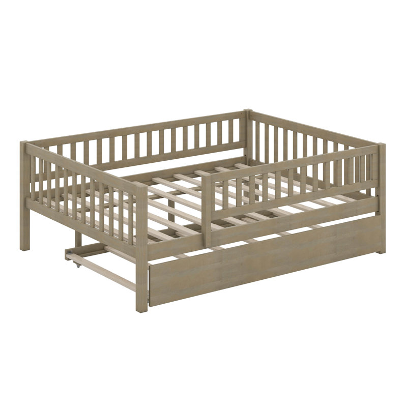 Full Size Wood Daybed With Trundle And Fence Guardrails