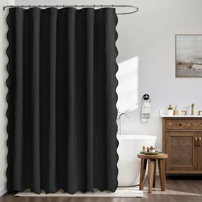 Extra Long Scalloped Linen-Textured Shower Curtain With Black Border, 1 Panel (Black)