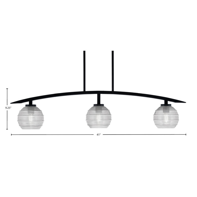 Luminaire pour îlot de cuisine 3 lumières kurve au fini noir mat avec verre côtelé transparent de 6 po, Nervuré transparent