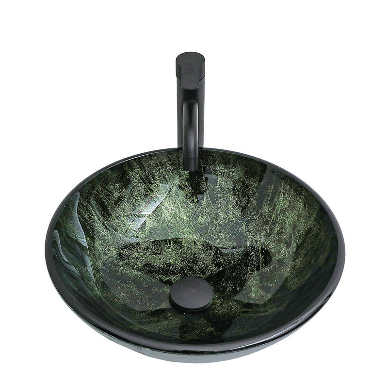 Bathroom Artistic Tempered Glass Vessel Bathroom Sink With Black Faucet And Pop-Up Drain, Elegant Green Glass Bathroom Sink With Natural Marble Texture