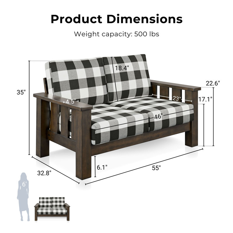 Causeuse à accoudoirs carrés de 55 po avec coussins réversibles Lynnette, Bois brun foncé