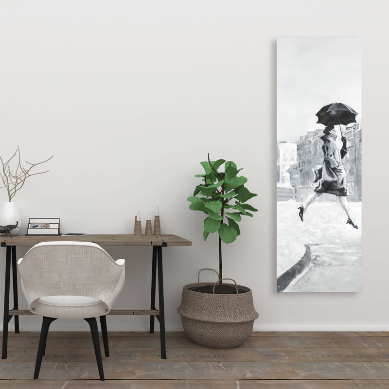 Femme sous la pluie - Toile figurative grise pour la décoration intérieure