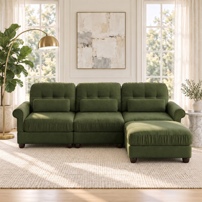 98" Chenille 3-Seater Sofa with Matching Ottoman, Ruffled Seat Edges, Rolled Arms & Lumbar Support Pillows, Plush Firm Cushions, Tufted Upholstered Couch Set for Living Room
