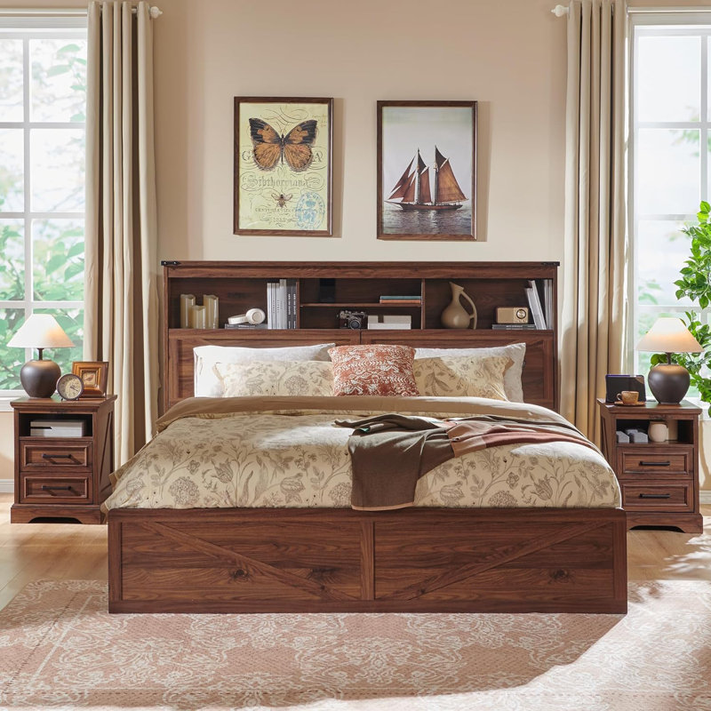 Etsuyo Farmhouse King Bed Frame with Headboard and Power Outlets,  Wood Platform Bed with Storage, 4 Drawers ,Led Light, No Box Spring Needed