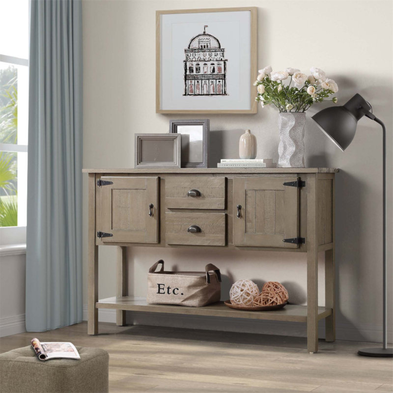 Vintage Solid Wood Storage Sideboard with 2 Drawers, Cabinets, and Bottom Shelf for Enhanced Home Organization, Rustic