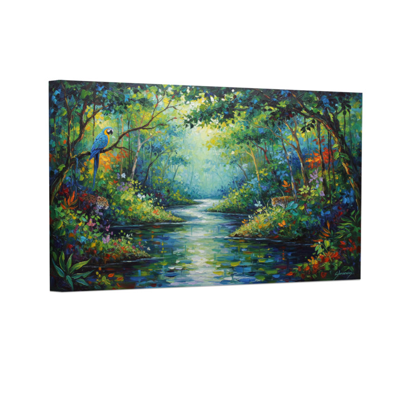 Paysage et nature, rivière tropicale, forêt, oiseaux, scène naturelle, toile, H 20 po x l 30 po