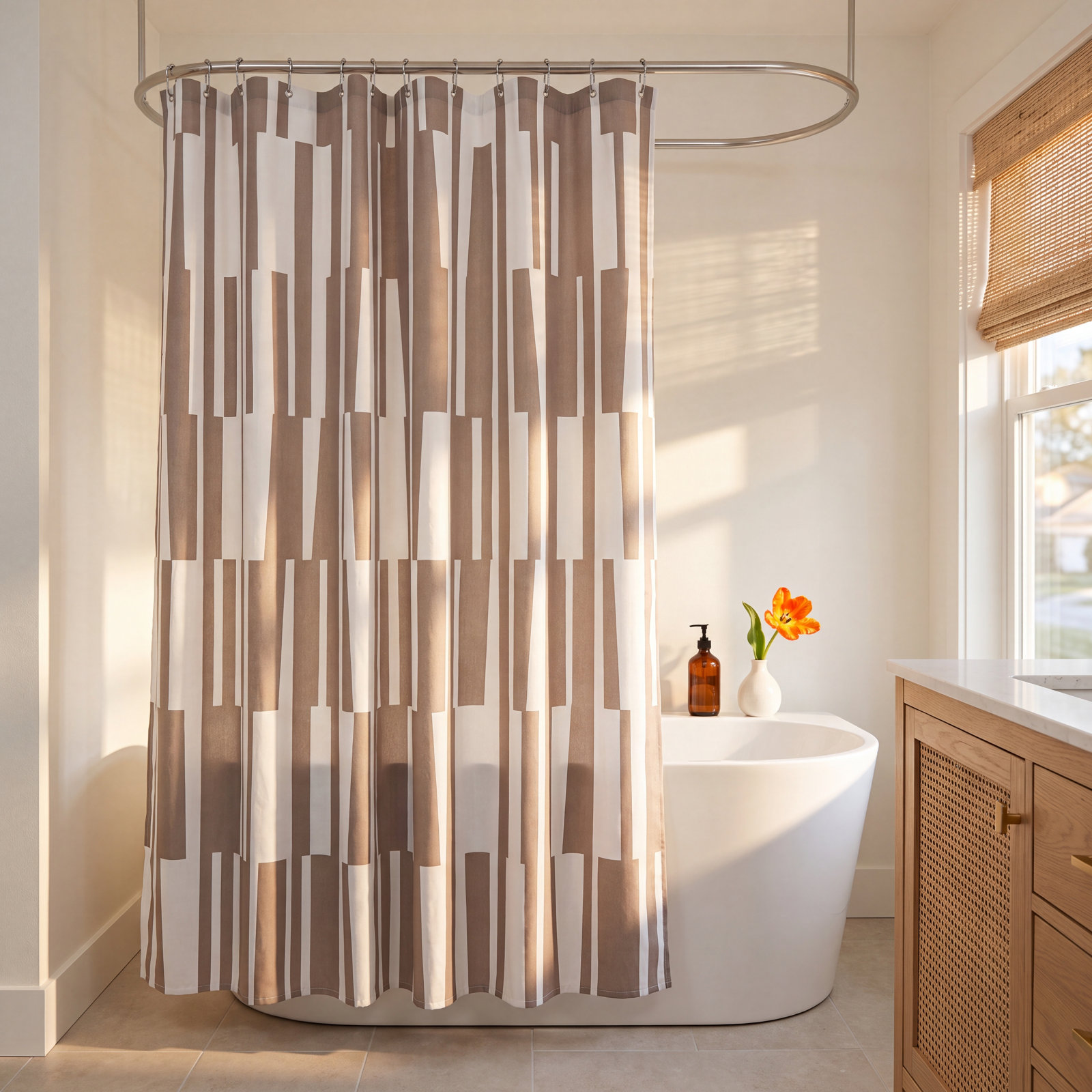 Thora Abstract Mid-Century Shower Curtain, Beige