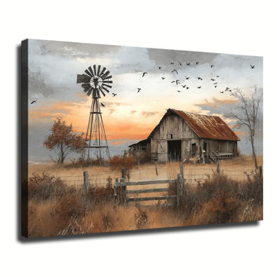 Rustic Windmill And Old Barn At Sunset Country Farm Scene, Large Gallery Wrapped Canvas Wall Art Print For Living Room Bedroom