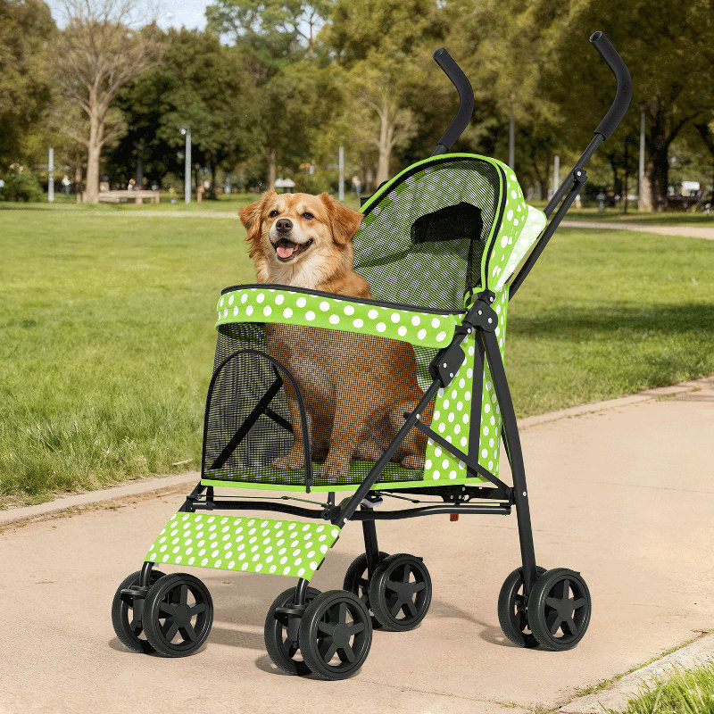 4-Wheel Folding Pet Stroller, Foldable Dog Jogger Stroller with Adjustable Canopy and Cup Holder, White/Green