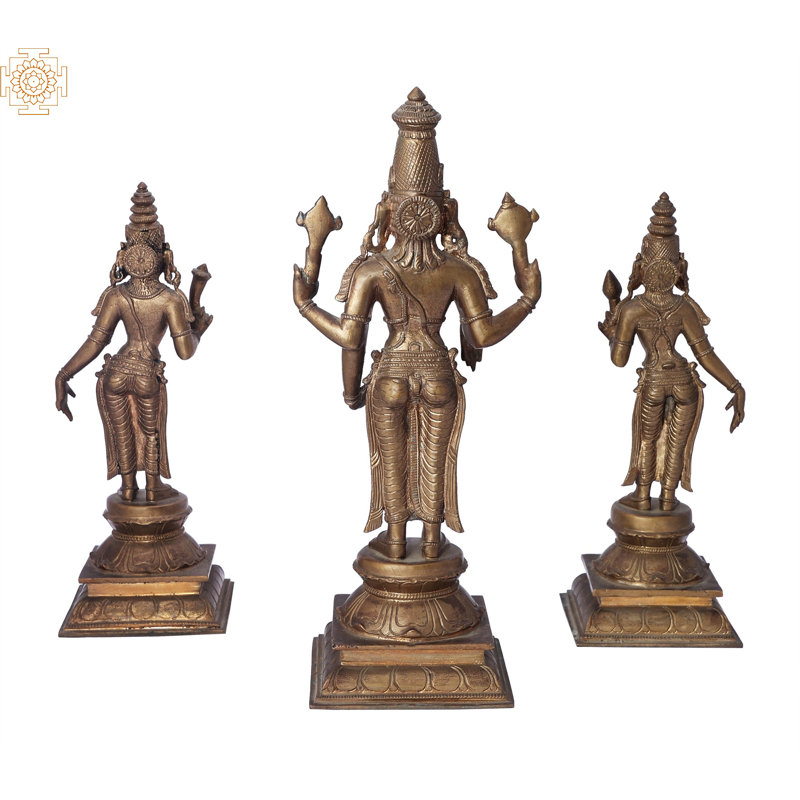 Perumal 12 "avec sri Devi et Bhu Devi - ensemble de bronze Panchaloha fait à la main, cire perdue Madhuchista Vidhana, traditionnel Swamimalai