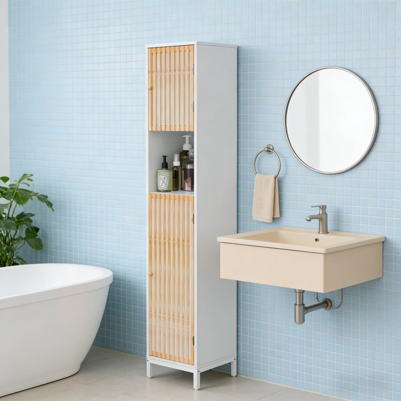 Bathroom Storage Cabinet with Bamboo Slat Doors, Adjustable Shelves for Small Space Organizer