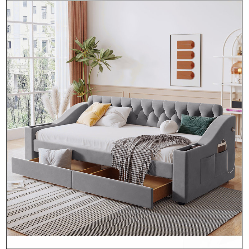 Lit de jour rembourré avec rangement, accoudoirs et port USB pour un confort moderne, Gris