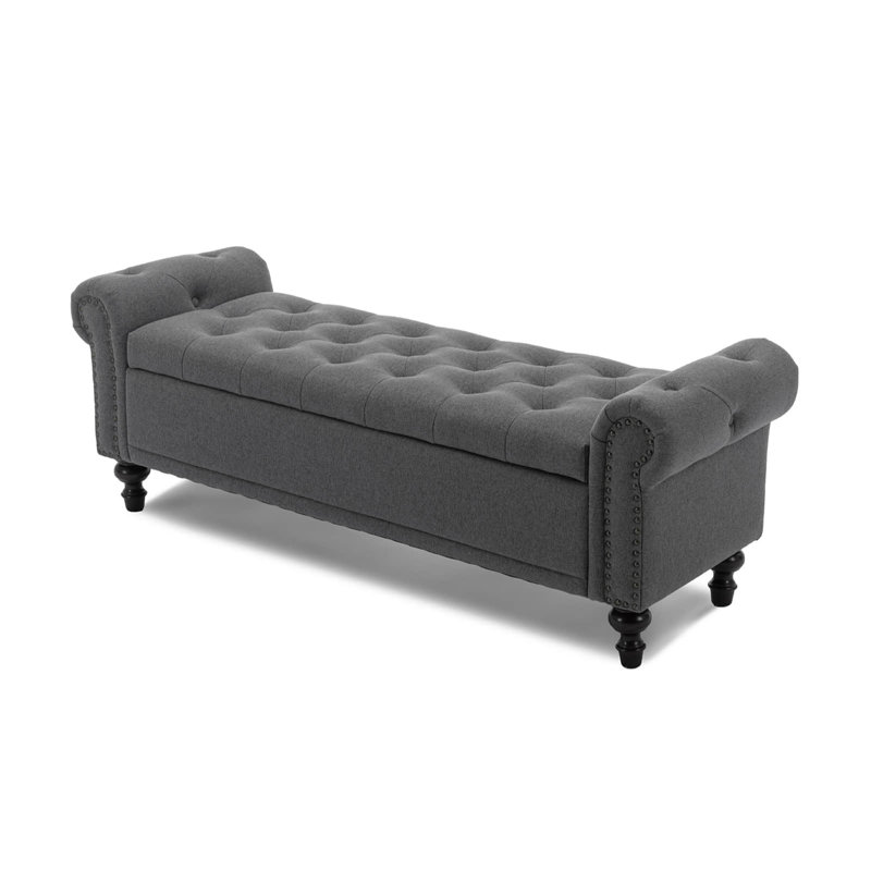 Velvet/Linen Upholstered Storage Bench With Segmented Storage Compartments, Grey