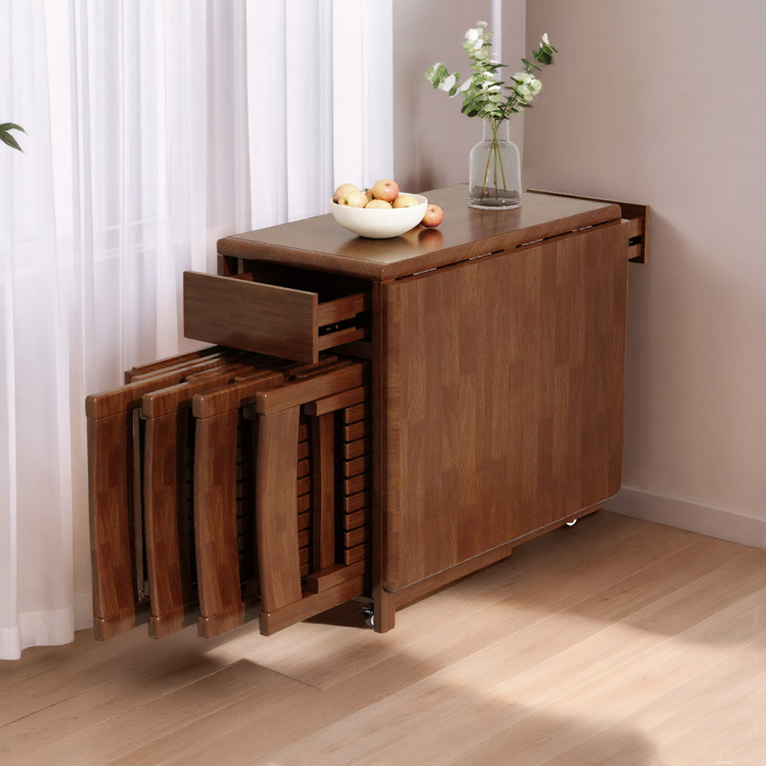 Space Saving Folding Dining Table, Walnut Solid Wood with Casters and Multi-Drawer Storage（Without Chairs）