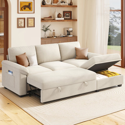 Belrose 80" L-Shaped Linen Upholstered Sleeper Sectional with Pull-Out Bed and Movable Storage Ottoman, Beige