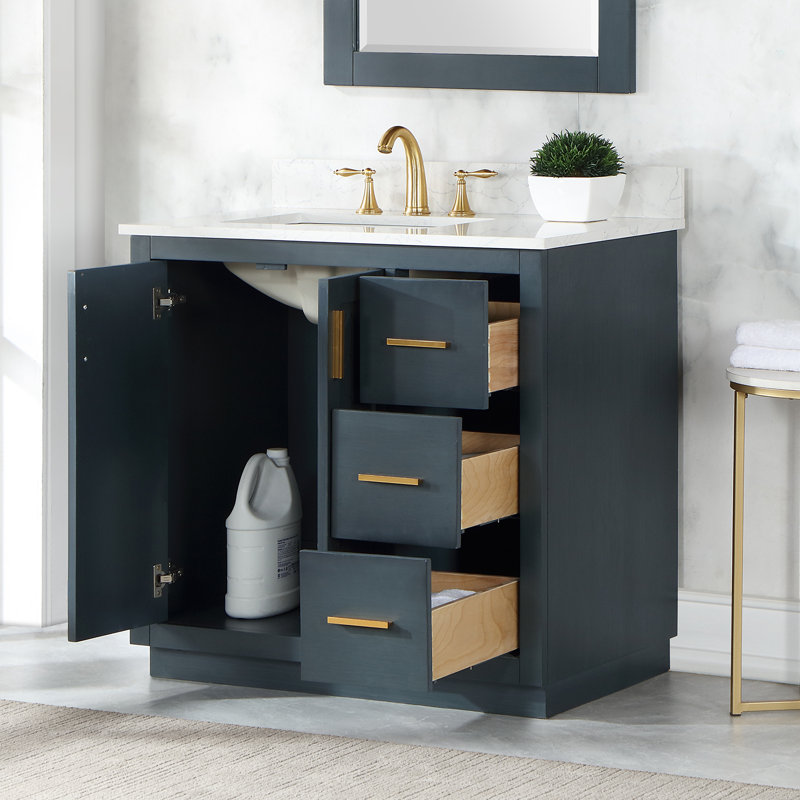 Gazsi 36" Single Bathroom Vanity Set with Grain White Engineered Stone Countertop without Mirror, Charcoal Blue