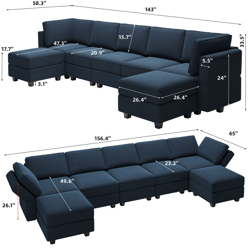 Ridoy 7-Pieces Large Velvet Upholstered Sectional Modular Variable Sofa & Chaise with Storage, Blue Velvet