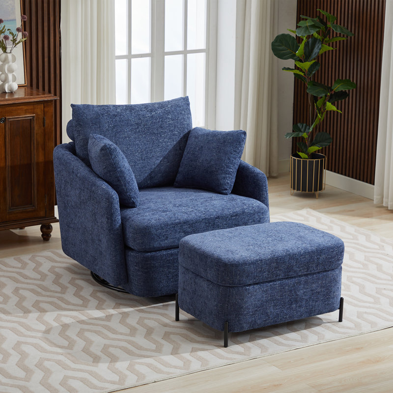 Chaise pivotante rembourrée avec repose-pieds avec rangement, Chenille bleue marine