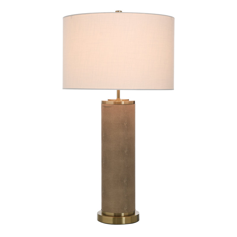 Tan Shagreen Pattern Table Lamp with Brass Accents and Off-White Shade