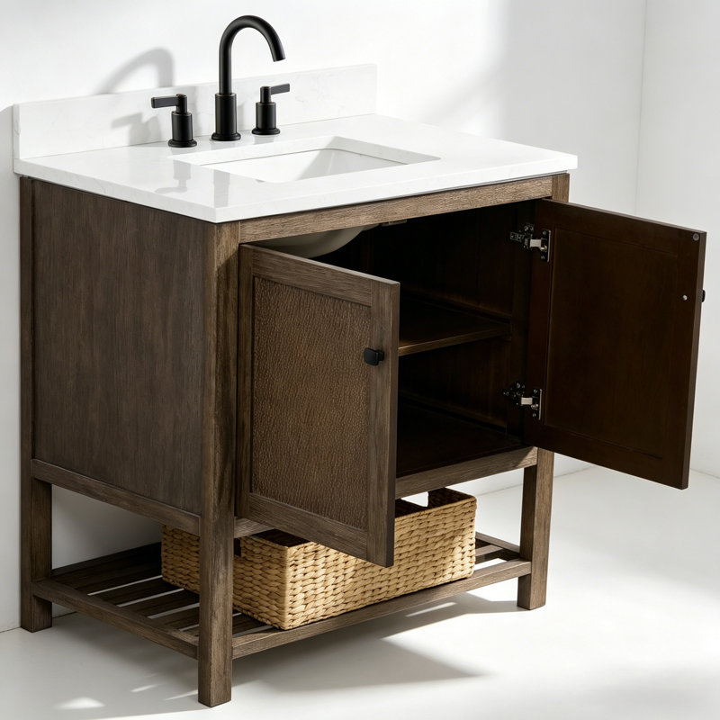 Meuble-lavabo autoportant en sapin naturel 36 po avec plateau en marbre d'ingénierie blanc 1 po 36 po