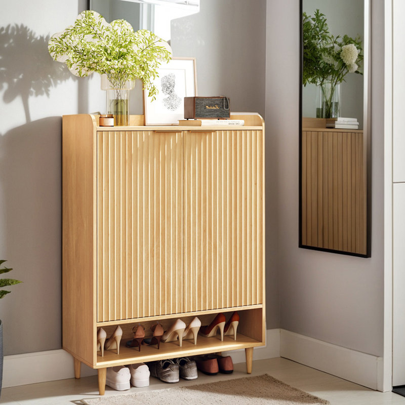 31.6 Inch 2 Door 1 Panel 1 Shelf Conical Leg Slatted Shoe Cabinet, Oak