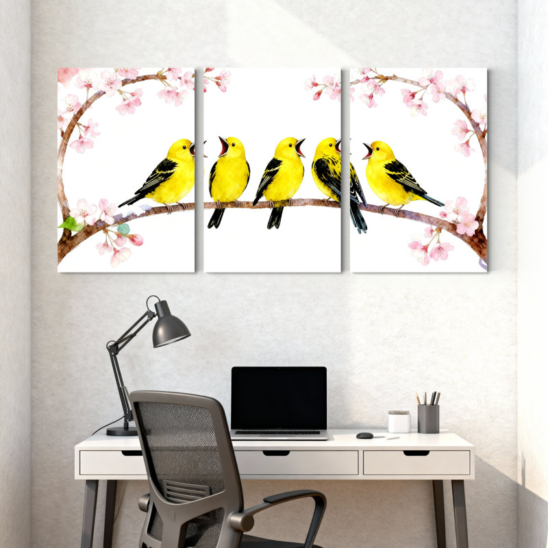 Oiseaux jaunes sur une branche de cerisier en fleurs, ensemble de 3 impressions sur toile, H 24 po x l 48 po