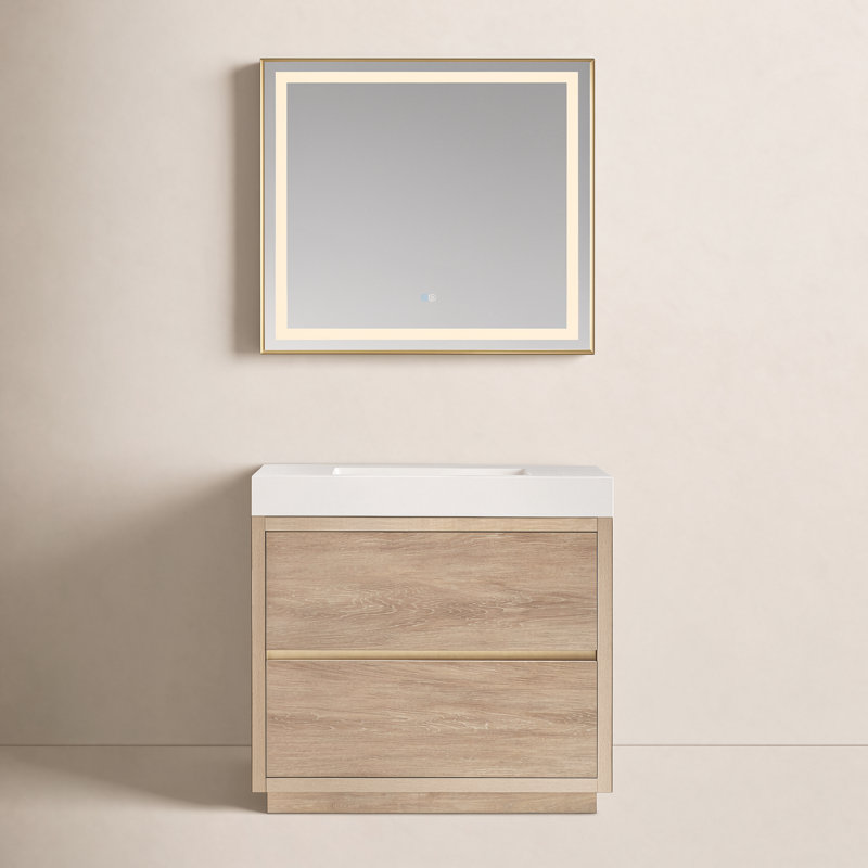 Beira Single Bathroom Vanity with Composite Top, North American Oak, White, 36"
