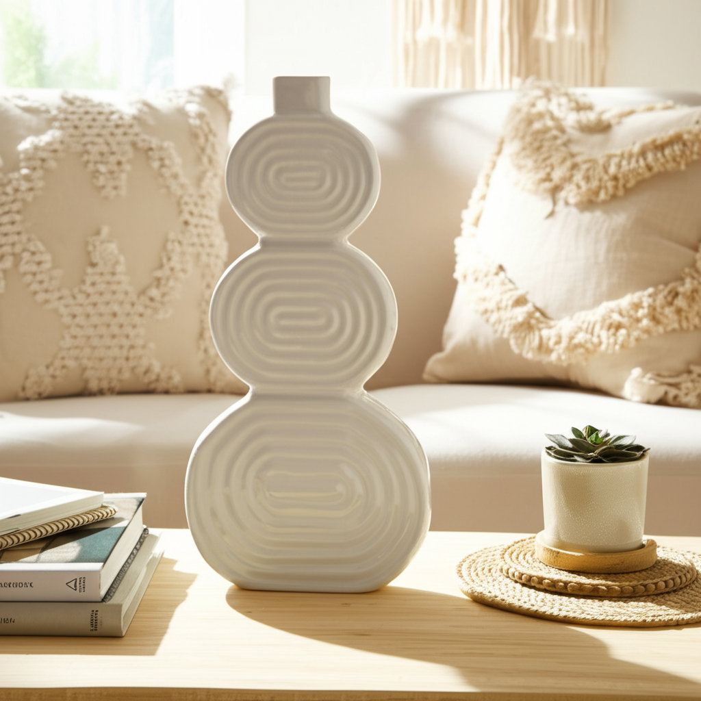 Alorie Ceramic Table Vase, Circles White, 12" H x 6" W x 3" D