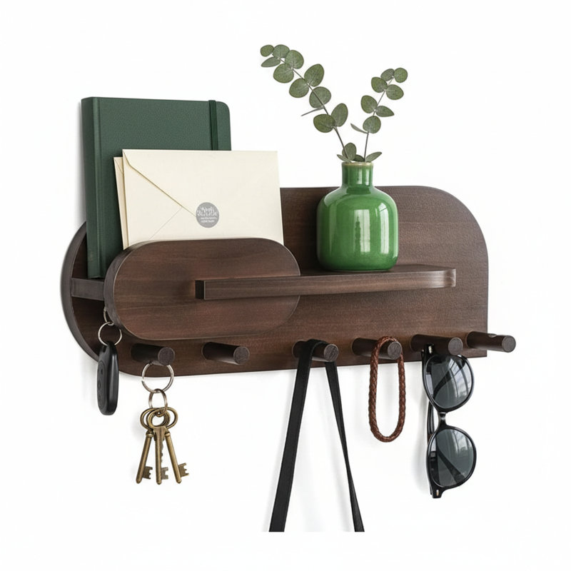 Solid Wood Mail & Key Holder with Shelf, Hooks