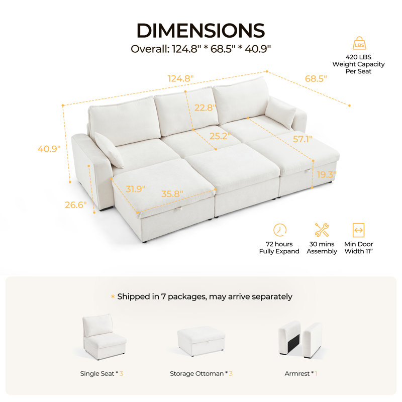 Canapé-lit modulaire surdimensionné 6 places en chenille confortable avec rangement, canapé-lit modulaire convertible profond avec 3 repose-pieds