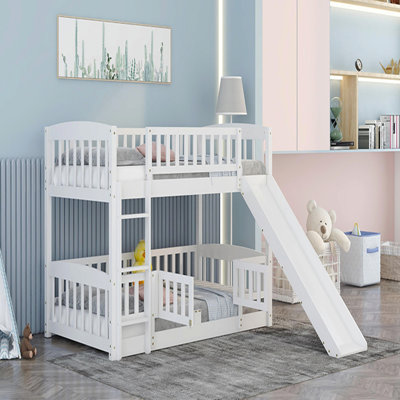 Bunk Bed With Slide,Twin Over Twin Low Bunk Bed With Fence And Ladder